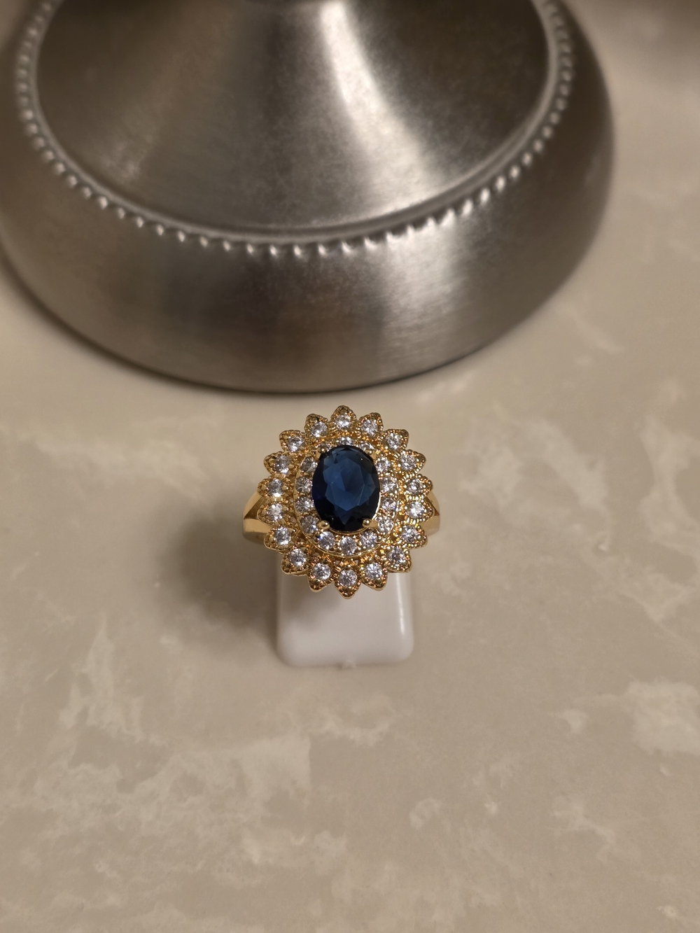 Gold-Plate Blue Sapphire Halo Cocktail Ring